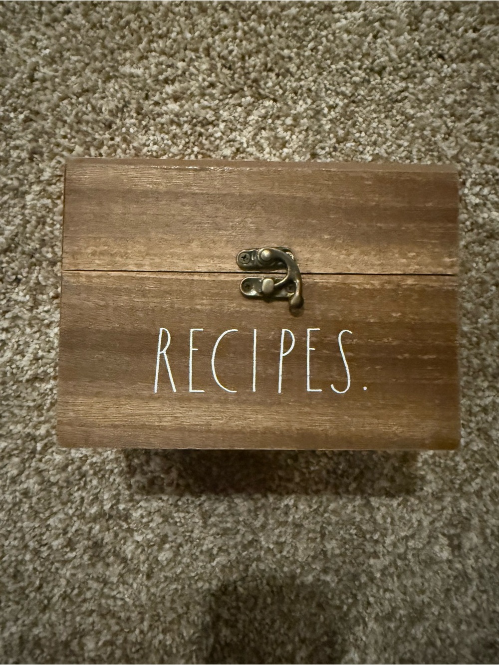 Rae Dunn Wooden Recipe Box in Brown with White Lettering